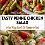 Colorful chicken penne pasta salad with pesto, tomatoes, and basil served as a cold picnic dish.